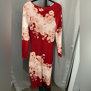 NWT Cara Cara Taylor Jaquard Knit Midi Fitted Dress Red/Pink Floral Print M